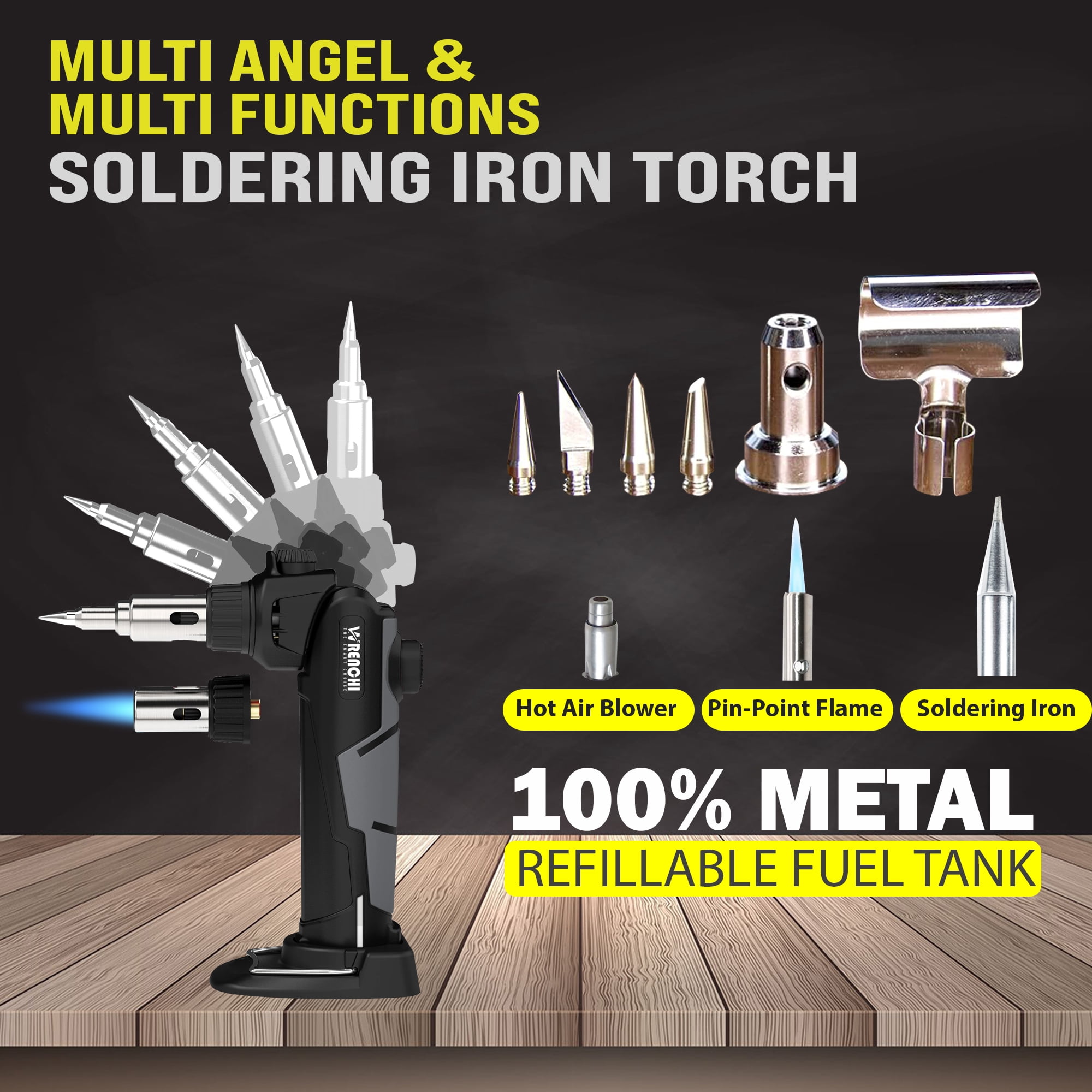 Wrenchi 323563 All-in-One Multi Angle Professional Soldering Iron Torch Kit 100% Metal Refillable Fuel Tank Made in Taiwan