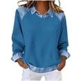 thumbnail image 2 of Sweatshirt for Women Neck Long Sleeve Casual Loose Fit Pullover Denim Contrast Raglan Sleeve Waffle Knit Soft Breathable Autumn Tops, 2 of 5