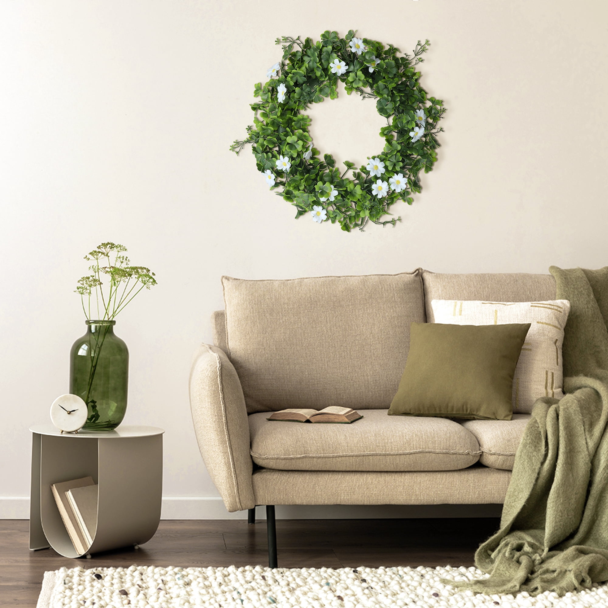 Unique Bargains Artificial Leaves Wreath Lucky Flower Wreaths for Front Door Green