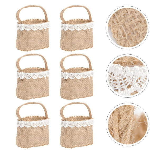 DINHEAROM 6Pcs Party Candy Storage Bags Linen for Wedding Favor Drawstring Bag Brown Basket Shape Elegant Decor