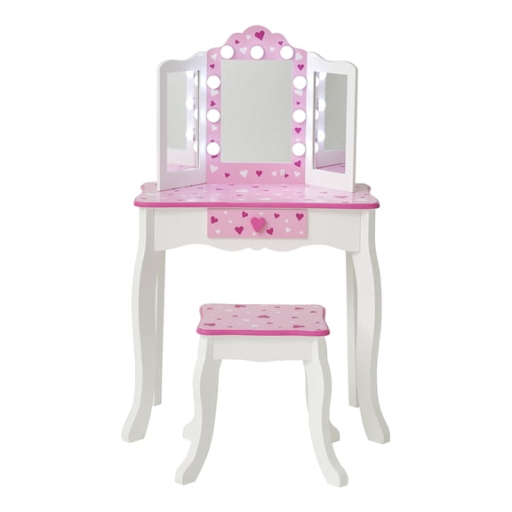 Kids Princess Vanity Table and Stool Set – Fantasy Fields Gisele with Mirror, LED Lights, and Storage, Pink/White