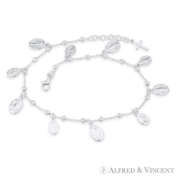 Holy Mother Mary Miraculous Medal, 3mm Ball Bead, & 1mm Rolo Chain Italian Charm Anklet in .925 Sterling Silver