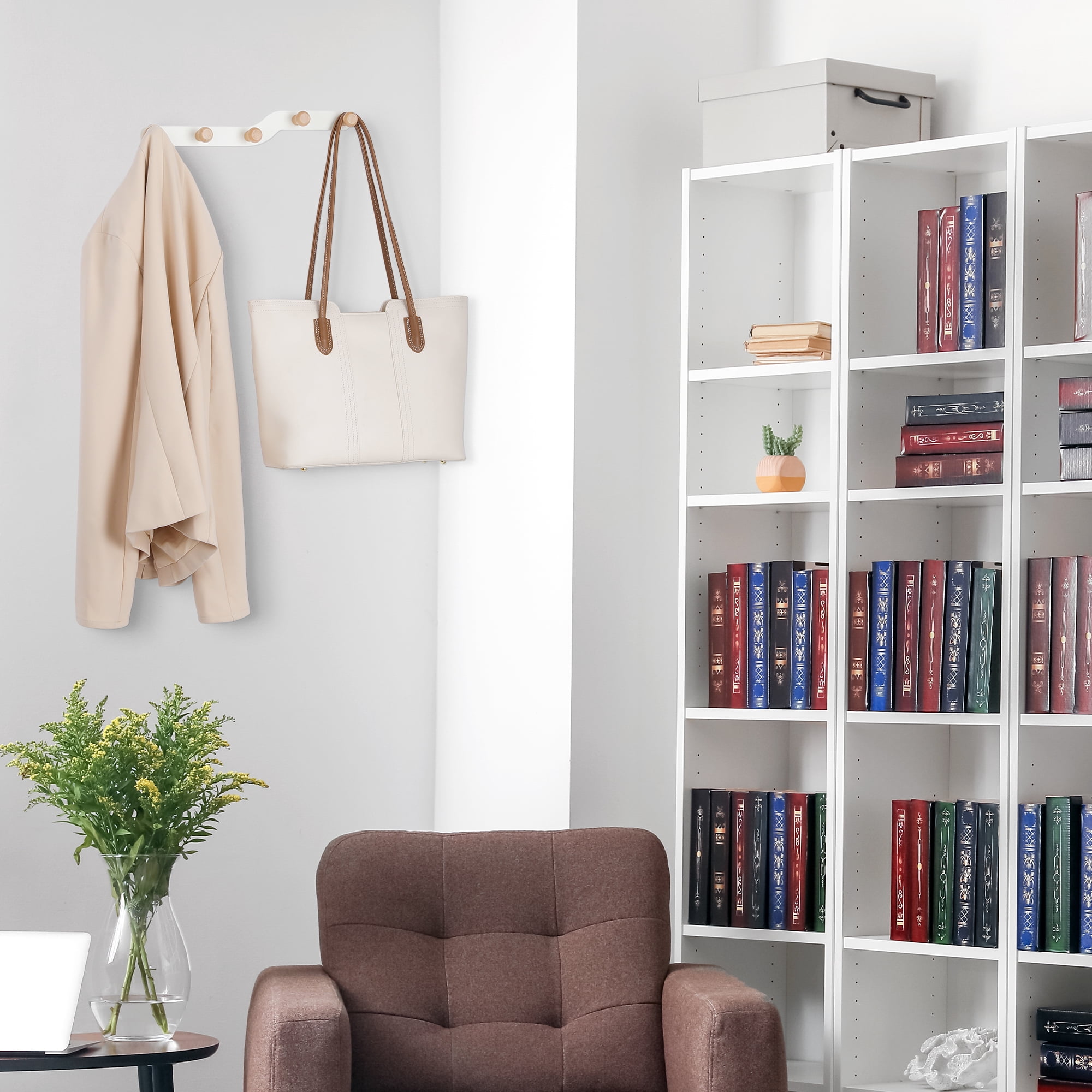 Unique Bargains Coat Rack Wall Mount Metal Wood Coat Hook for Hanging with 5 Hooks White