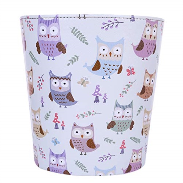 haoun wastebasket,cute owl pattern pu leather trash can paper basket