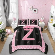 Manfei Monogrammed Z Bedding Twin Comforter Set,Ribbon Bowknot Down Comforter,Pink Black Bedding Sets Twin with Comforter,Microfiber Room Decorative Reversible,2 Pieces