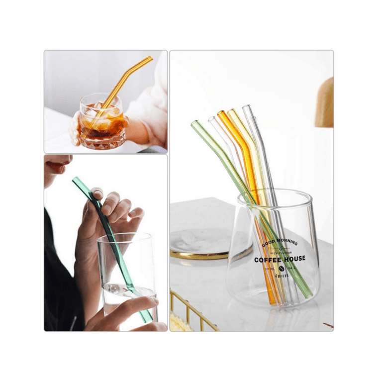 Mumufy 12 Pcs Reusable Glass Straws with Design 8 mm x 7.8 Inch Colorful  Butterfly on Clear Straw Bent Drinking Straws with 2 Cleaning Brushes for