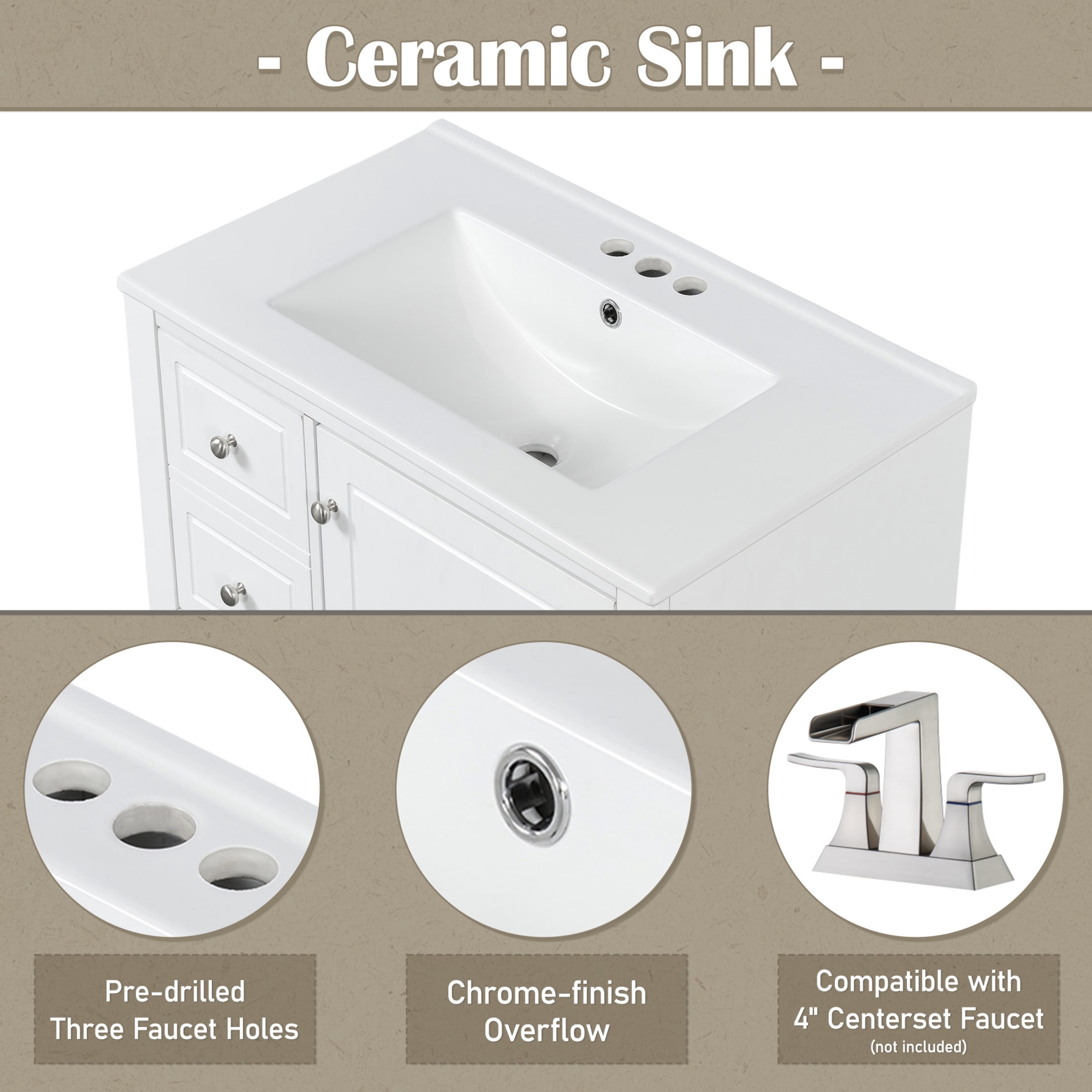 Christopher Knight Home 30" Bathroom Vanity with Ceramic Sink, Multifunctional Storage, Soft Close Door, White