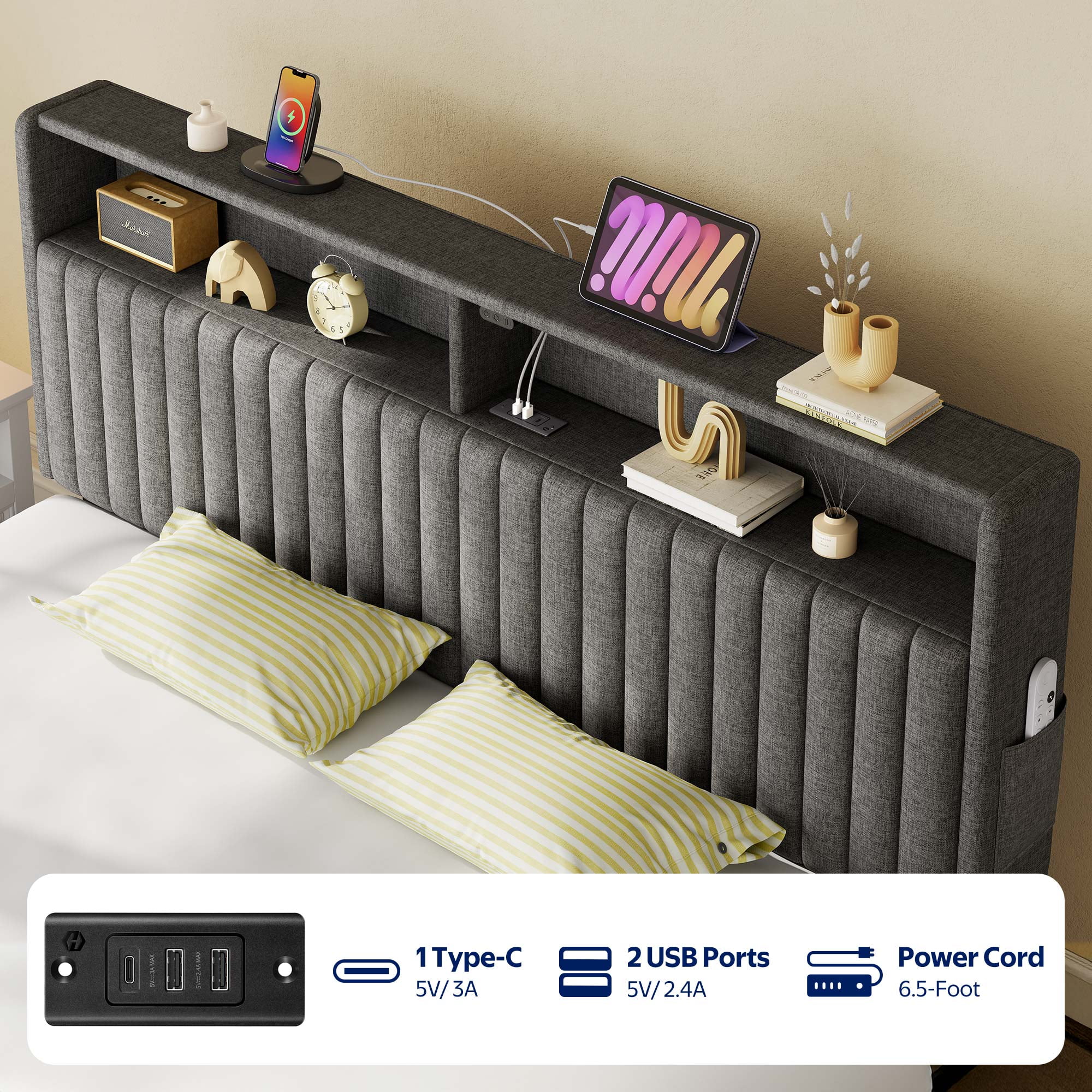 Greenstell Queen Bed Frame with LED Light & Platform Bed with Upholstered Storage Headboard USB Ports & Charging Station, Dark Gray