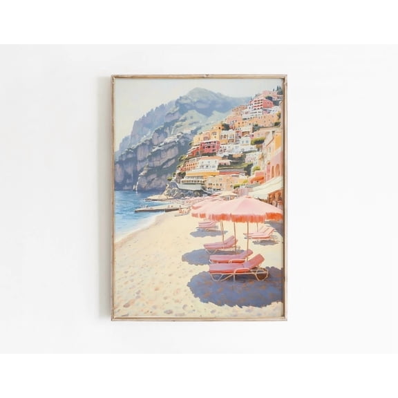 Amalfi Coast Painting, Pink Beach Umbrellas Print, Pastel Summer Italy Art, Retro Coastal Decor, Large Room Wall Art, Modern Wall Decor, 8x12 UNFRAMED