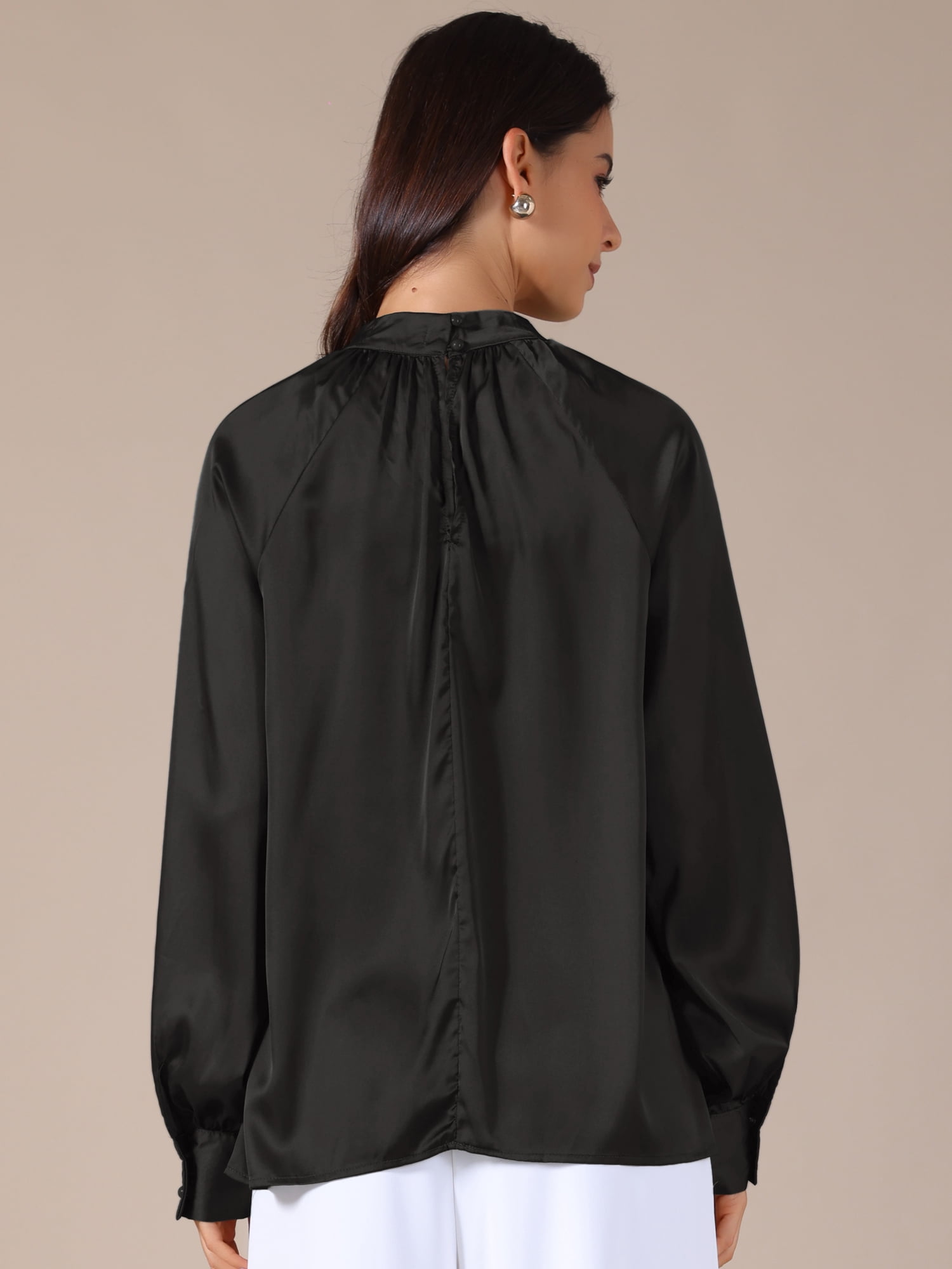 DARING DIVA Women's Formal Satin Silk Blouse with Long Sleeves S Black
