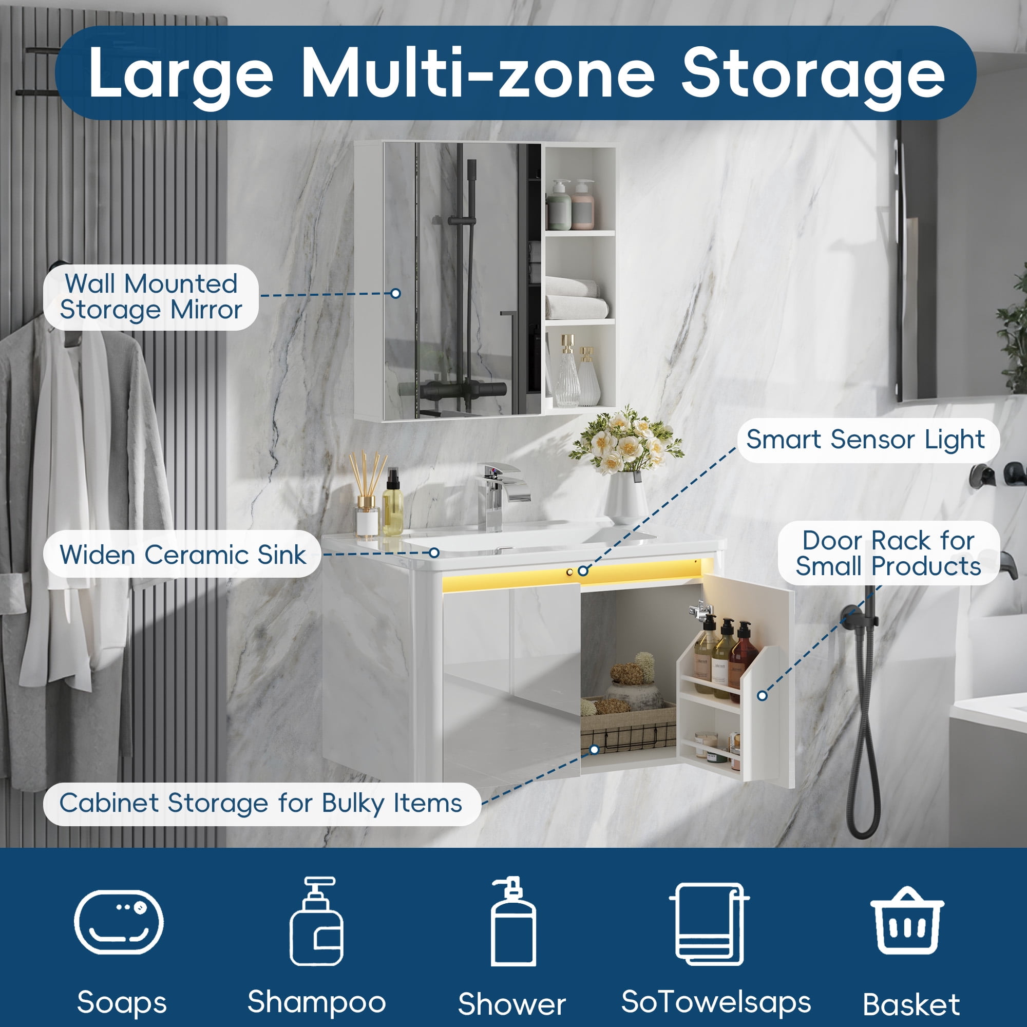 ANPOO 30 Inch Bathroom Vanity with Sink and Mirror Medicine Cabinet,Modern Floating Bathroom Storage Cabinet with 2 Soft Closing Door