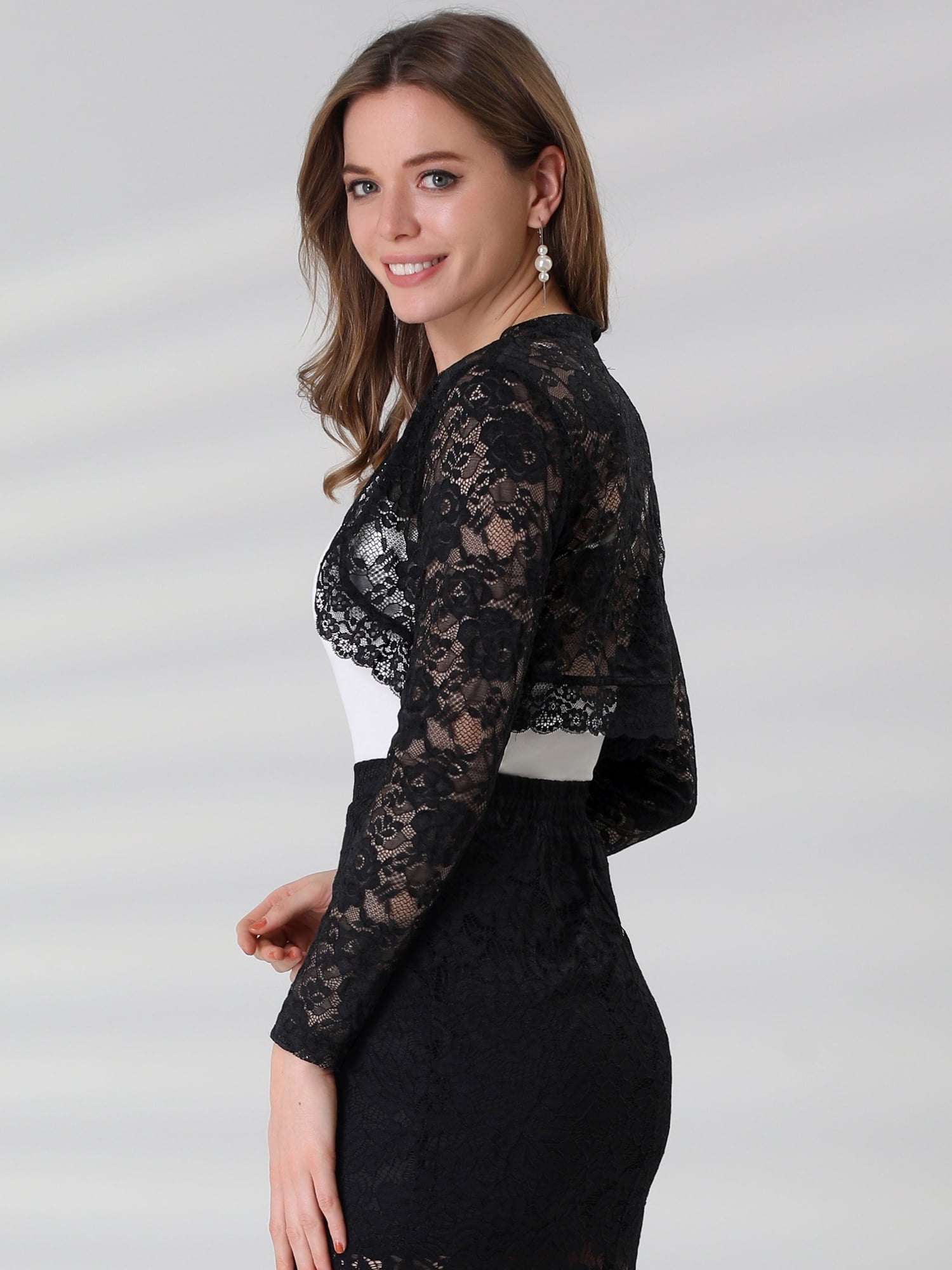 DARING DIVA Women's Lace Bolero Shrugs Sheer Crop Cardigan L Black