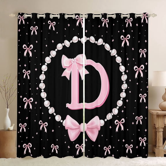Manfei Cartoon Bow Letter D Monogrammed Black Out Curtains for Girls Teens,Princess Alphabet Pearl Bow Print Curtains Pack of 2 (42x63 Each) for Kids,Breathable Home Decor