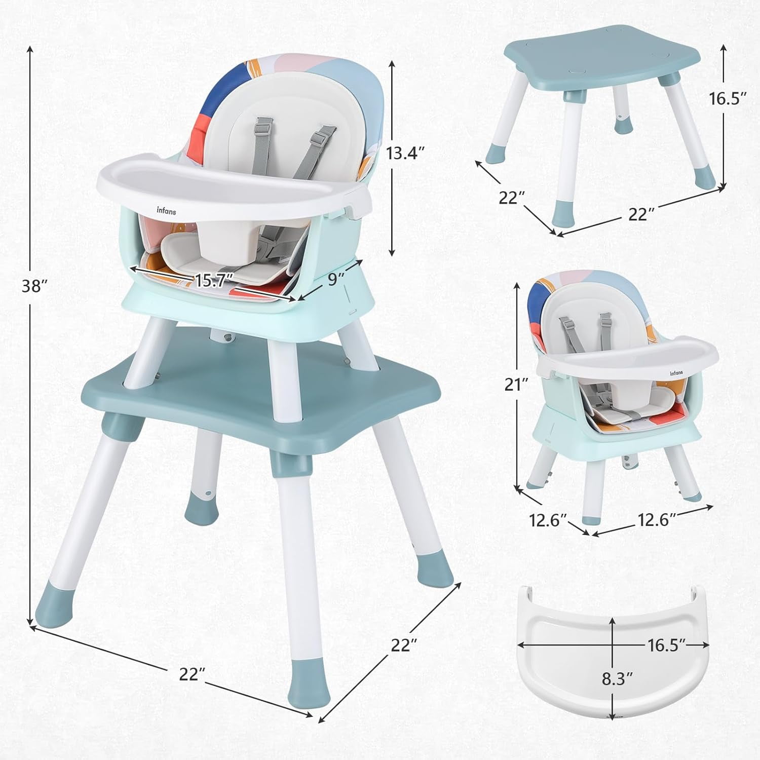 INFANS 8 in 1 Baby High Chair, Convertible Highchair for Babies and Toddlers, Infant Dining Booster Seat, Building Block Table, Kids Stool Table Chair Set with Removable Tray