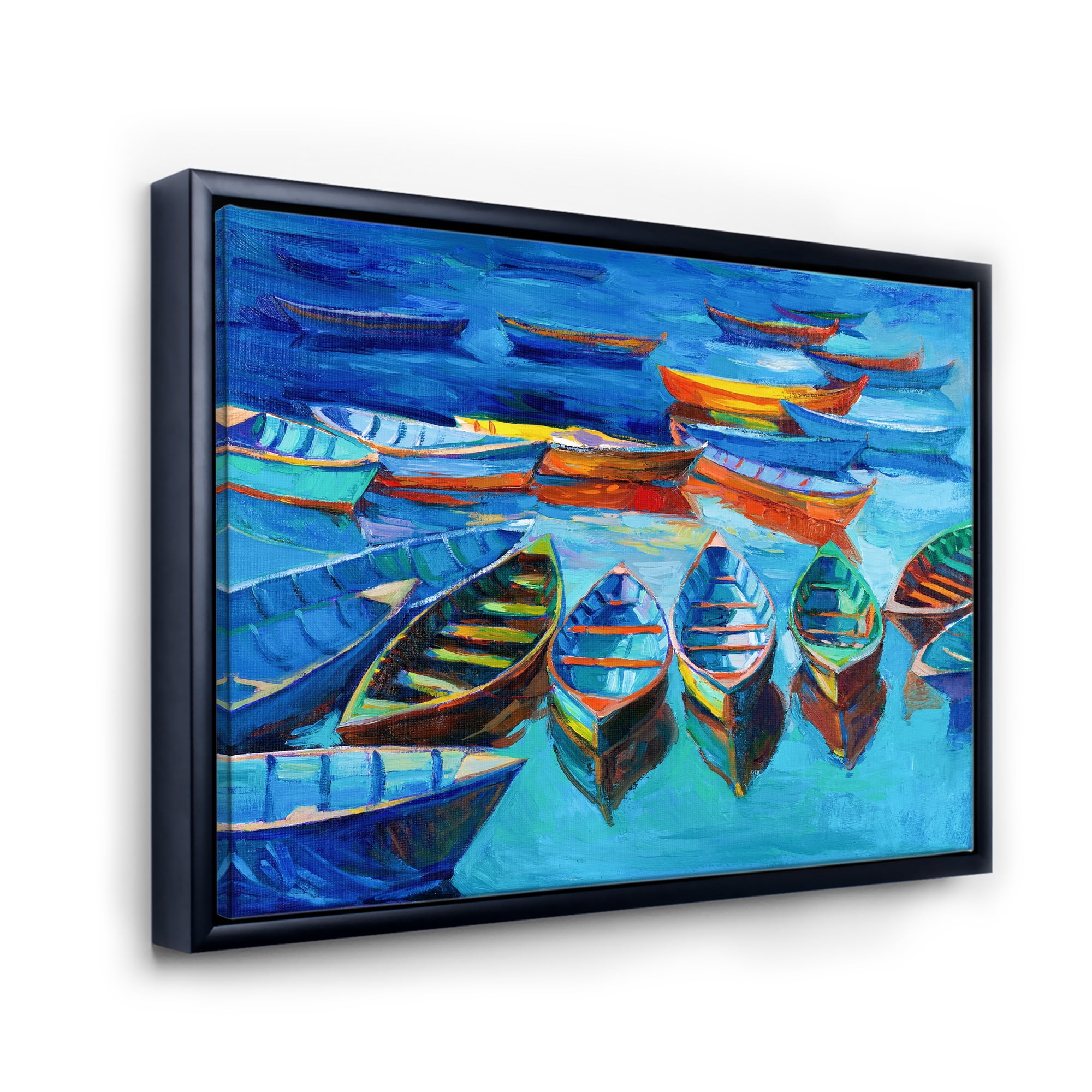 Little Boats Wating In The Blue Harbour 32 in x 16 in Framed Painting Canvas Art Print, by Designart