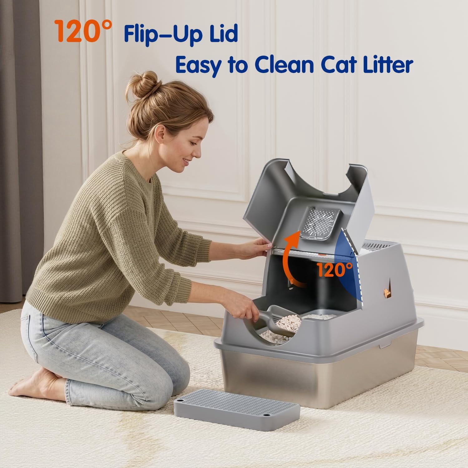 Stainless Steel Litter Box with Lid,Front Entry Top Exit Kitty LitterBox,Extra Large Enclosed Metal Cat Box with Litter Scoop & Litter Mat-Light Gray