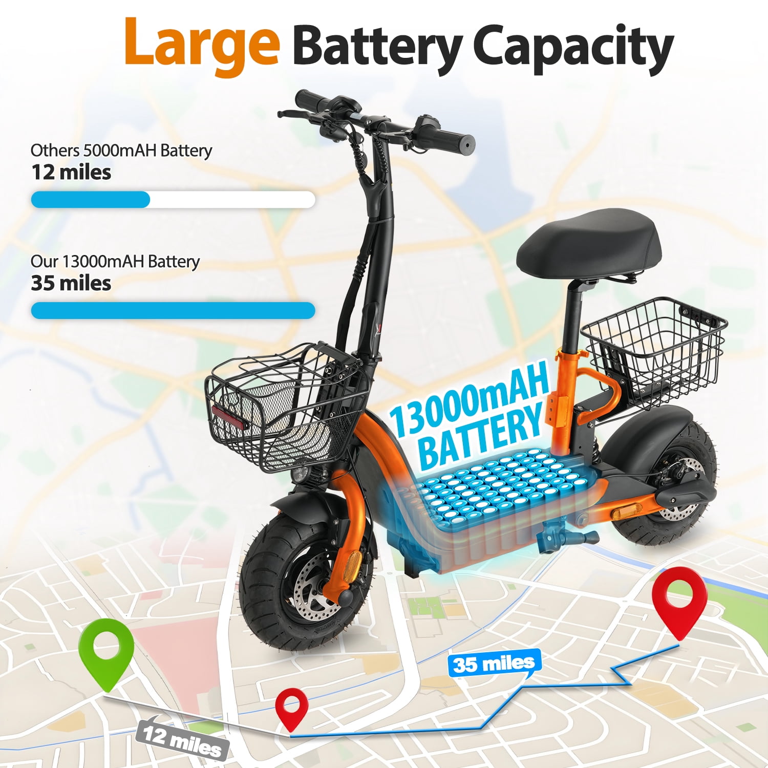 Skeri Electric Scooter for Families – Parent & Child Seats, Dual Storage Baskets,Foldable Handlebar Family Electric Scooter with Bright Front/Rear Lights, 750W 20MPH 25 Mile Distance