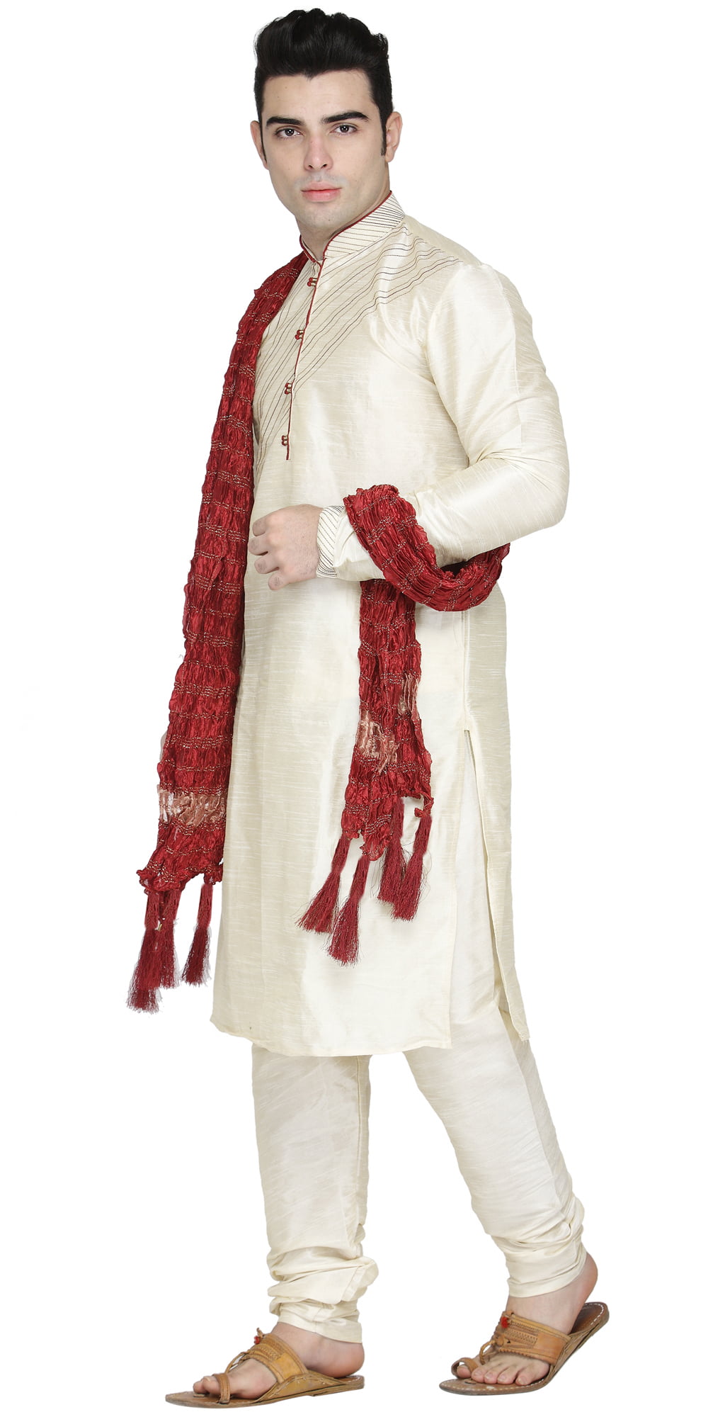 SKAVIJ Men's Kurta Pajama and Scarf Set Art Silk Indian Ethnic Party Dress 