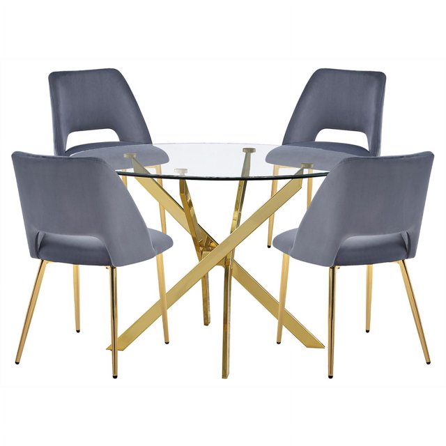 Rond 45 "x 45" 5pc Clair Verre Dînette Sertie de Chaises Gris Foncé