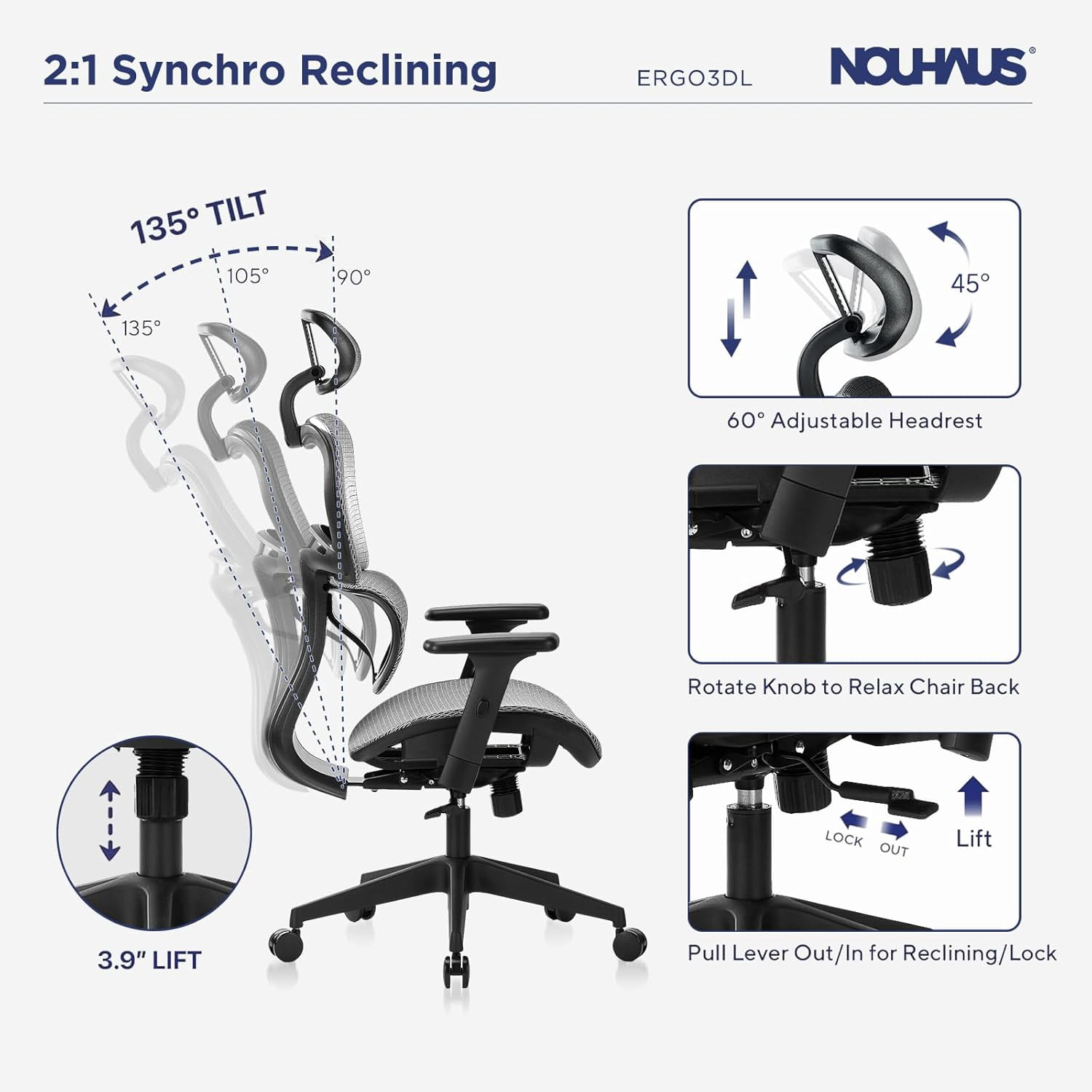 NOUHAUS Ergo3DL Ergonomic High-Back Mesh Office Chair with Adjustable Headrest, Lumbar Support, and Armrests, Gray