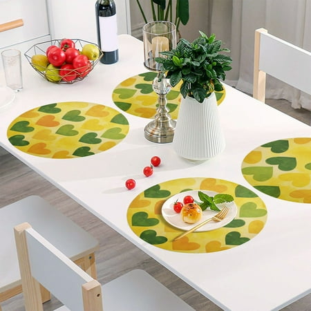 

Round Grid Placemat One Sizex1 Round Placemat PVC Plate Mat，15.4 Inch Non-Slip and Heat Resistant Table Placemat Dining Room Placemat Yellow Heart Cartoon3