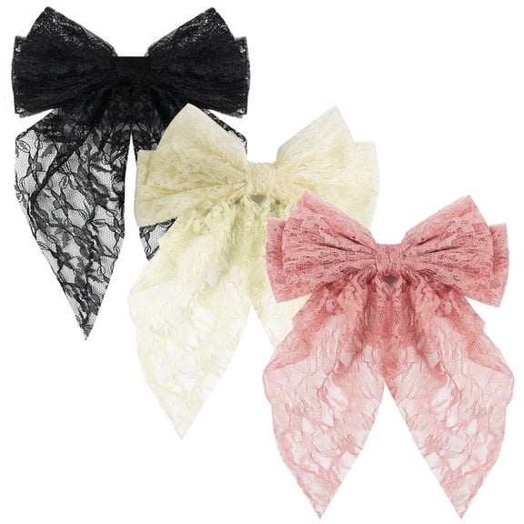Mber 3 Pack Lace Hair Bows Clips for Women, Large Ribbon Bow Barrettes, Elegant Hair Accessories for Girls Party, Wedding, Birthday, Pink, White and Black