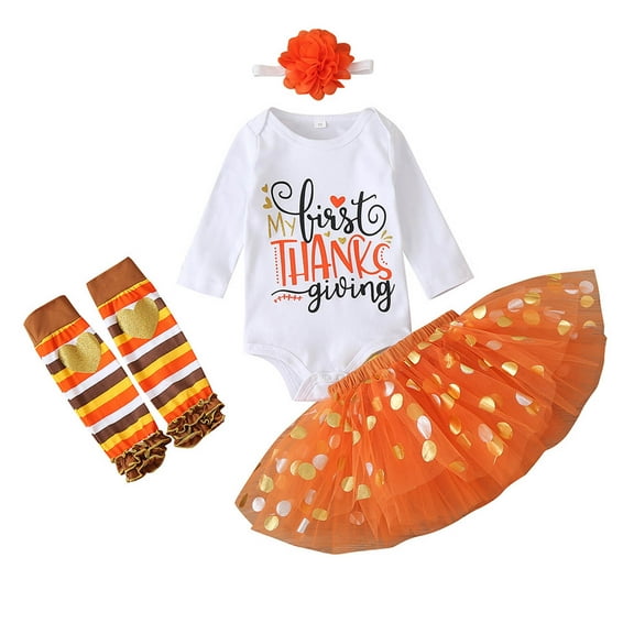 Odeerbi Thanksgiving Sets for Toddler Baby Girl Festival Letter Print Pullover Skirt Headband Foot Cover Orange (0-18 Months)