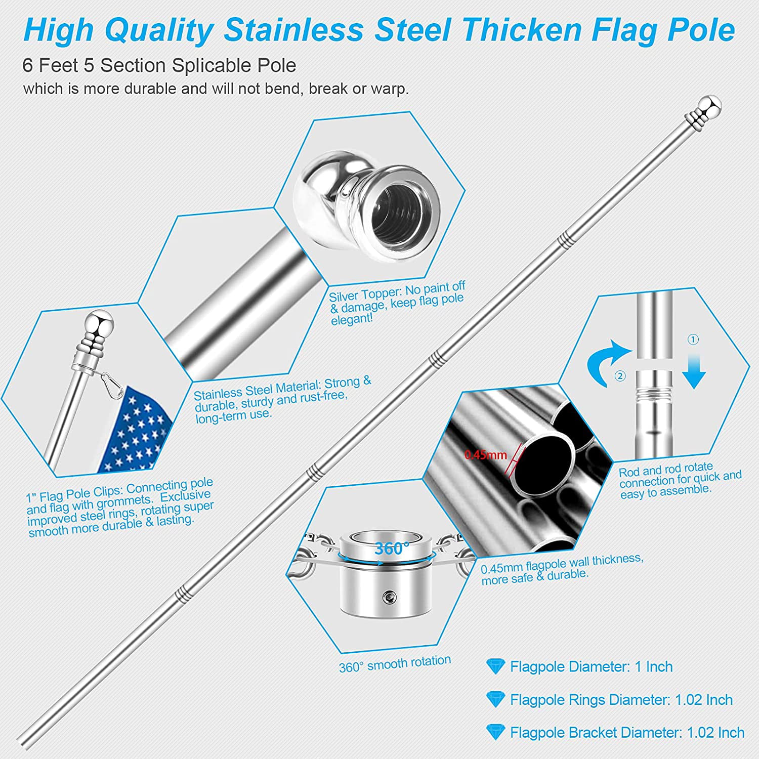 Upgraded Flag Pole Kit w/ 2-Position Bracket Holder & Rotating Flag Rings 5FT to 6Ft 1 Metal Flagpole Kit for 3x5 & 4x6 American Flag 6 FT, Silver House Wall Mount Flag Pole for Residential 