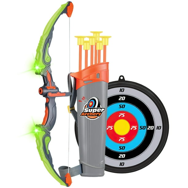 Muyoka Juego de juguetes de arco y flecha para niños Juego de tiro con arco con luz LED con 6 ventosas Flechas Objetivo y carcaj Flechas desmontables para exteriores Juguetes para niños Niños Niñas Cu Muyoka Hogar