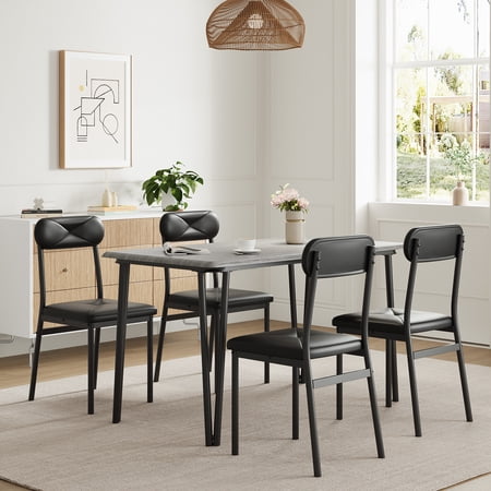 Space-Saving 4-Piece Office Desk and Chair Set – Industrial Style Sturdy Metal Frame Wooden Tabletop PU Leather Seats – Ideal for Small Workspaces Dining Rooms Apartments
