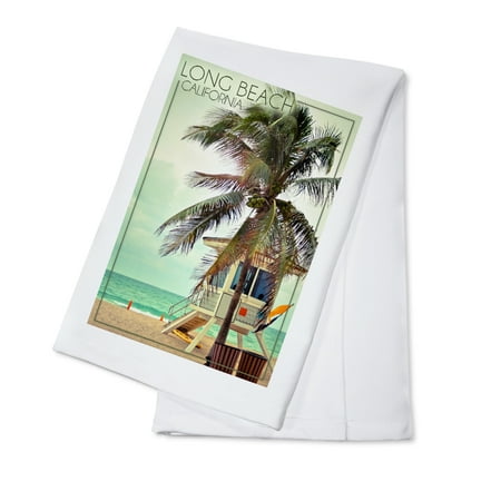 

Long Beach California Lifeguard Shack and Palm (100% Cotton Tea Towel Decorative Hand Towel Kitchen and Home)