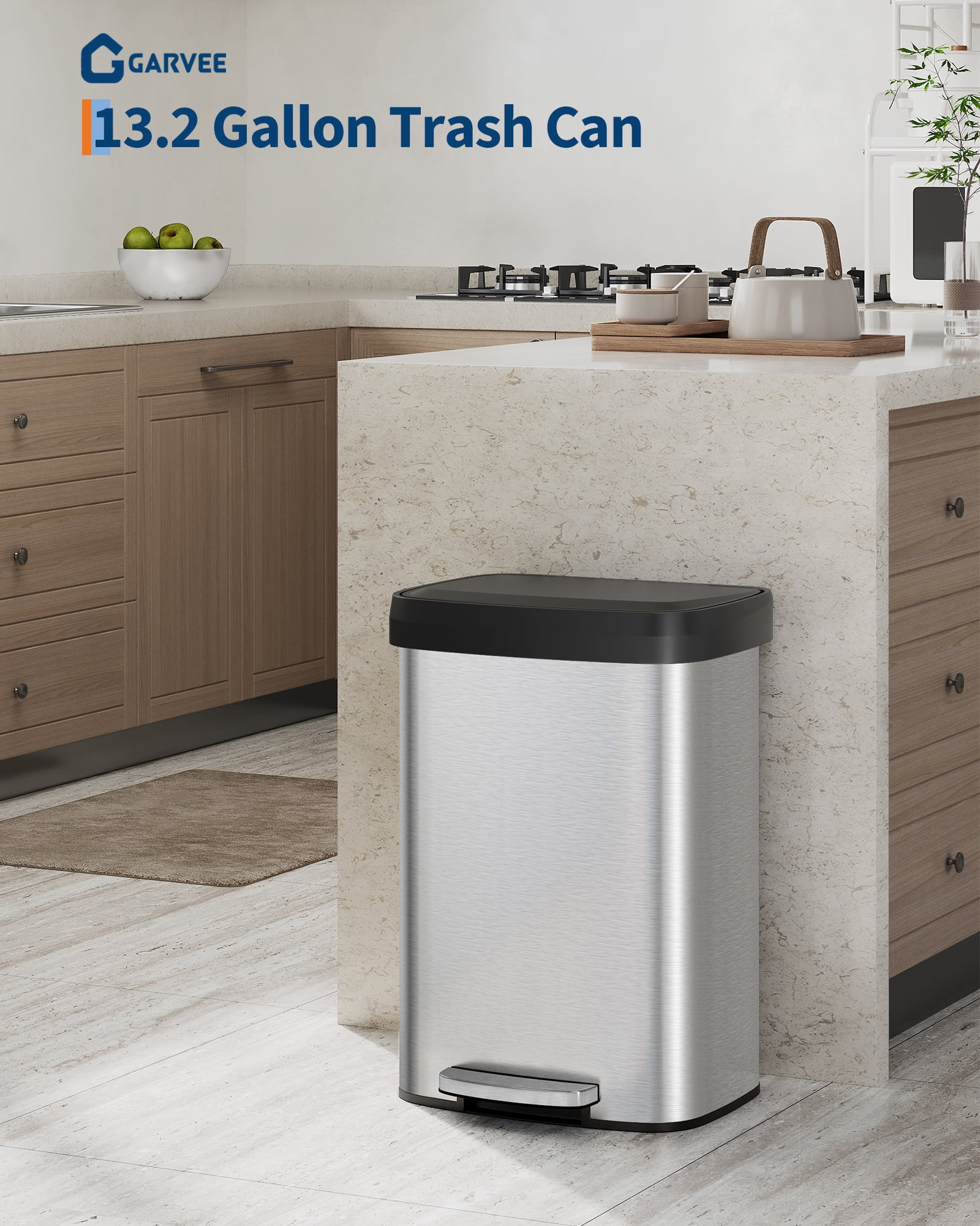 Hands-Free Step-On Kitchen Trash Can, 13 Gallon/50L – Tall Stainless Steel Garbage Bin with Soft Close Lid, Odor Control, Liner Rim, Rear Handle, Rustproof – Stainless Steel Color