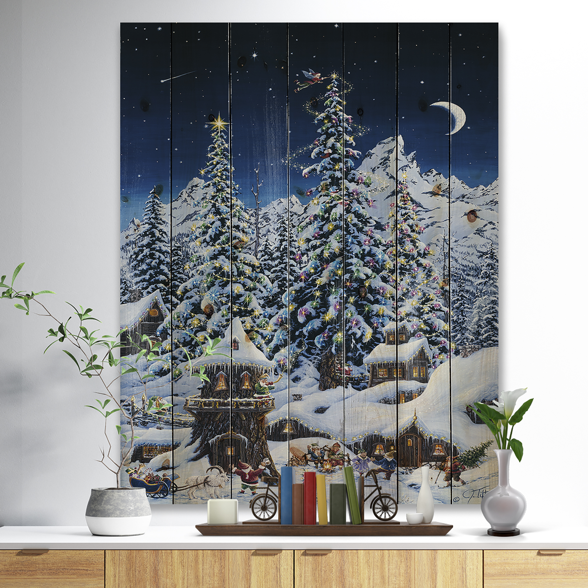 Designart 'Elf houses under large lighted Christmas trees' Print on Natural Pine Wood