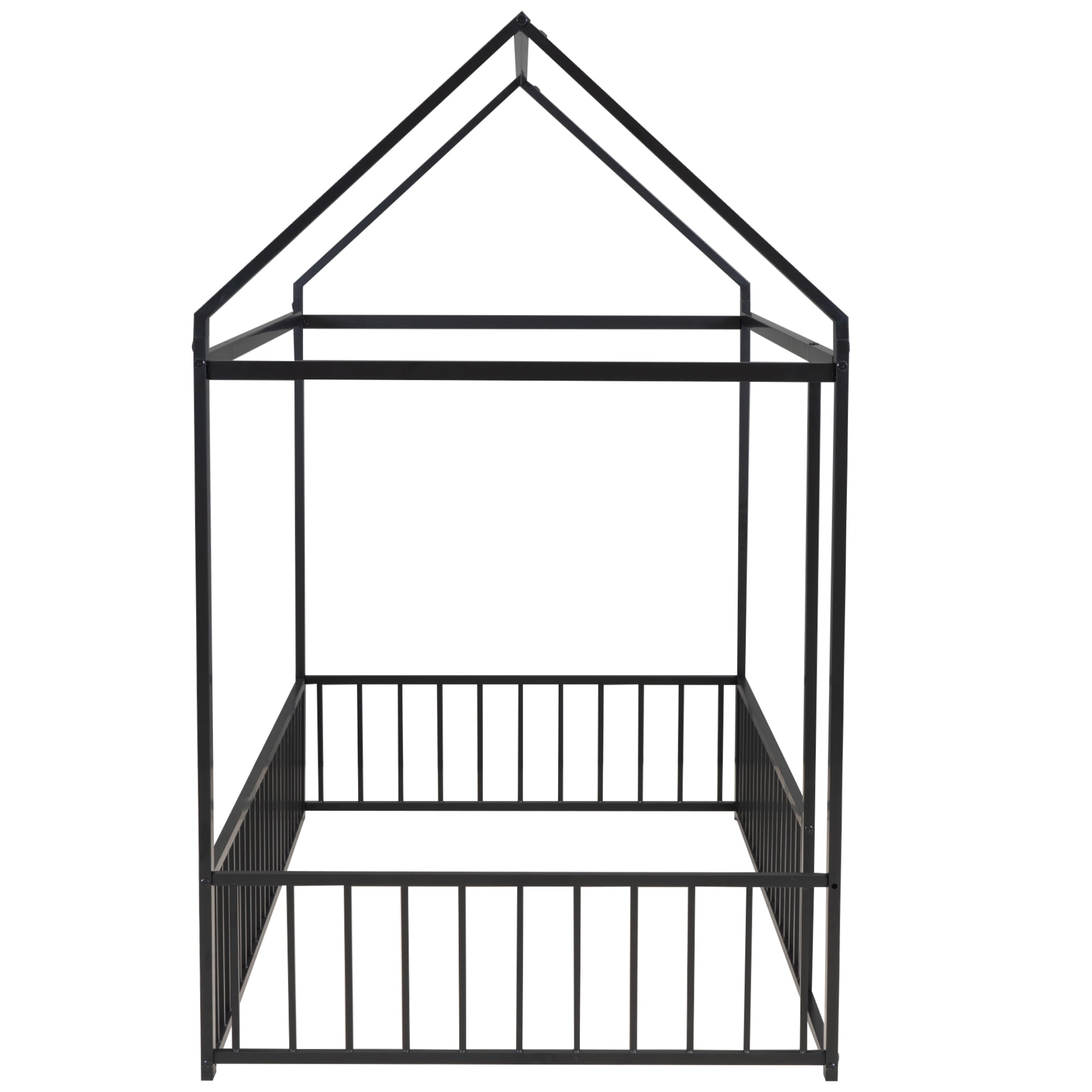 Twin Size Metal House Bed Frame with Rails, Montessori Floor Bed without Slats (Black)