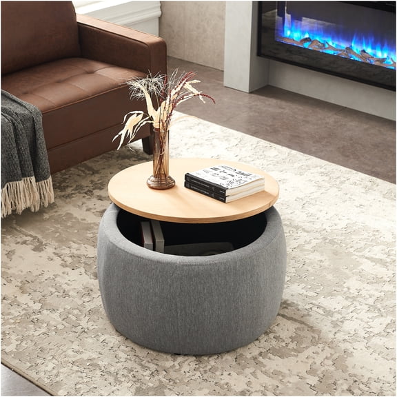 JERFIT Round Fabric Storage Ottoman with Removable Lid, 2-in-1 End Table and Footrest Stool for Living Room, Bedroom, Dark Grey
