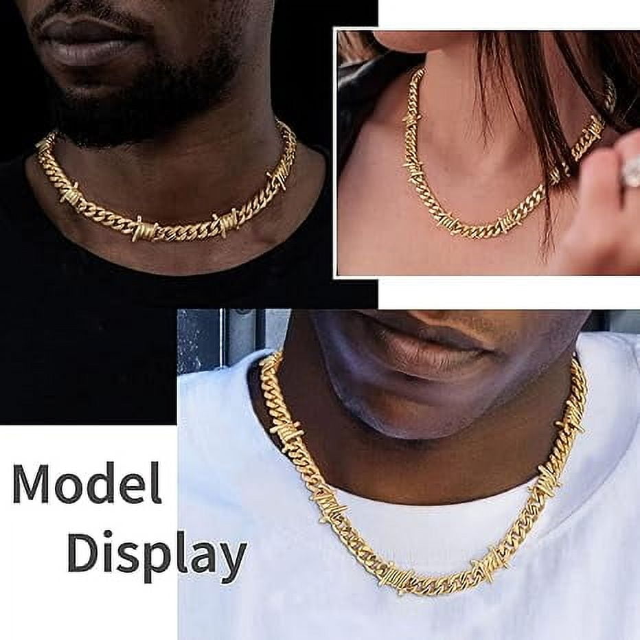 ChainsHouse Gold Plated Barbed Wire Necklaces for Men Women Punk Thorns Chain Necklace 9mm Width Chunky Chains Jewelry Gift, 16 inch