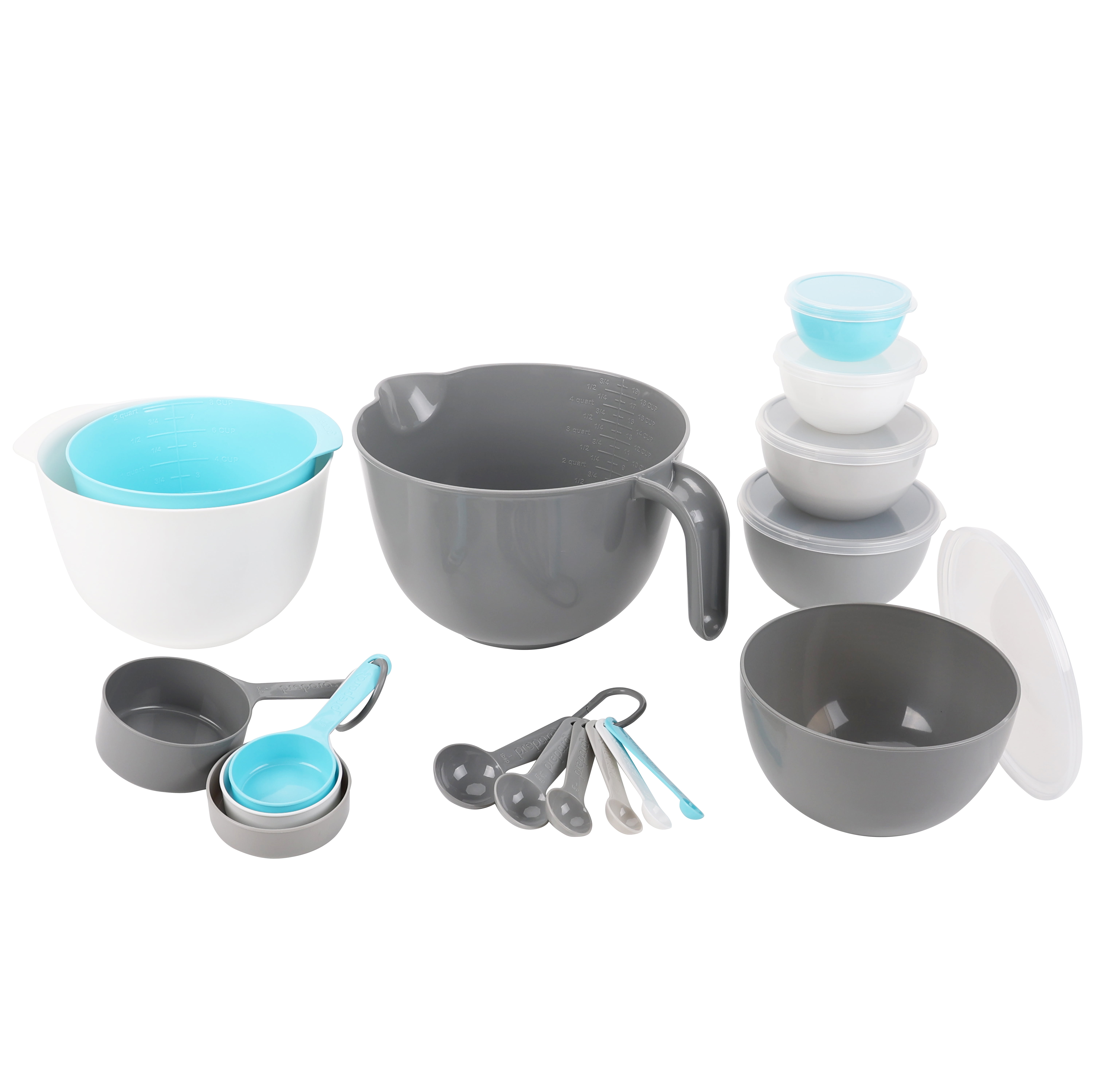 Prepara Mixing Bowl Set, 23 Pieces with Lids, Measuring Cups and Spoons, Gray