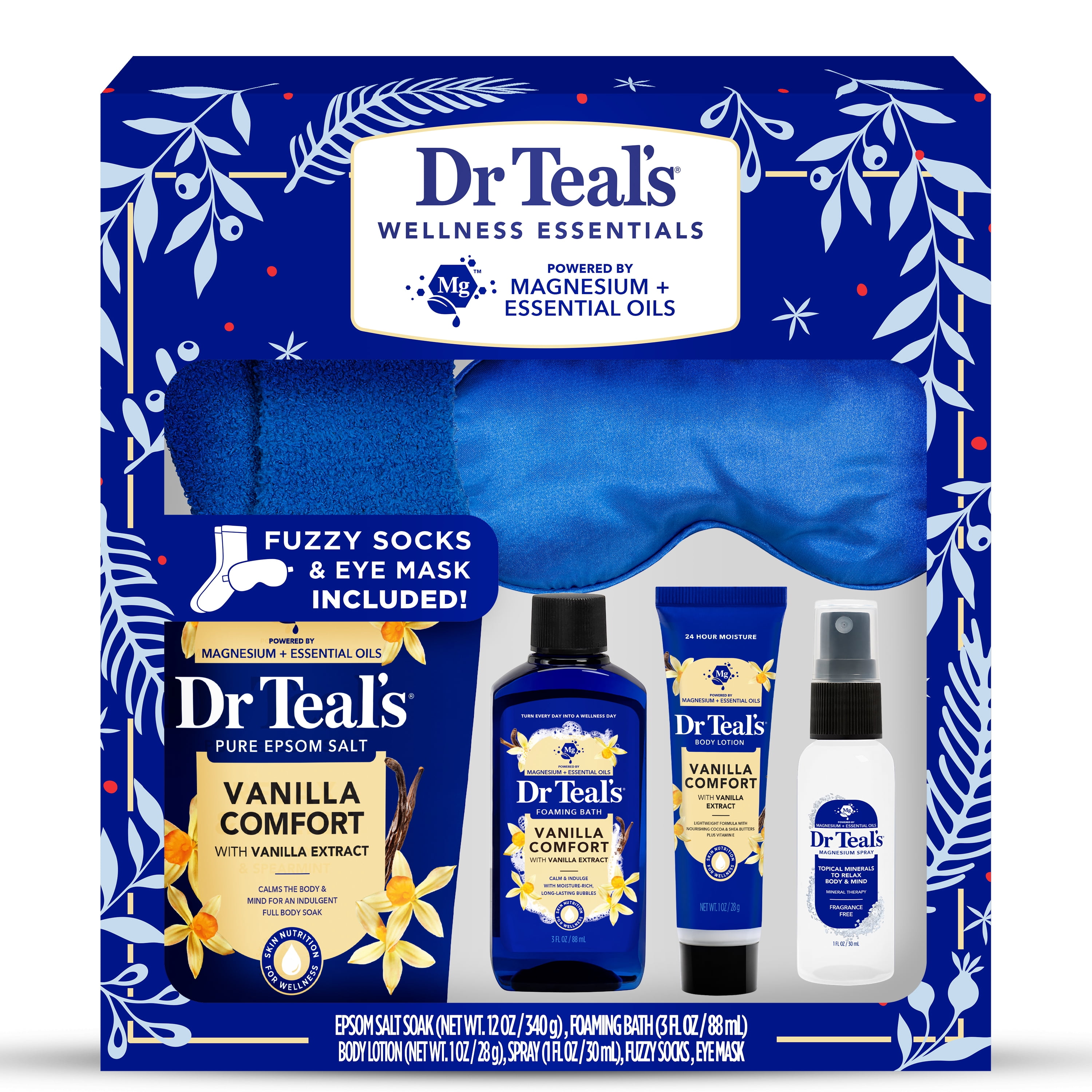 Dr Teal's Wellness Essentials Vanilla Comfort Bath & Body Gift Set with Fuzzy Socks & Eye Mask, 6 Piece