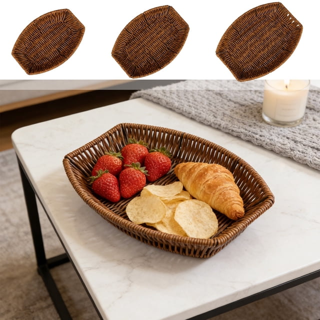 SSZMDLB 3Pcs Plastic Woven Basket, Imitation Vines Storage Tray Organizer for Fruits Vegetables Snacks Candy Bread, Multi-Functional Collapsible Kitchen Basket, Decorative Serving Tray
