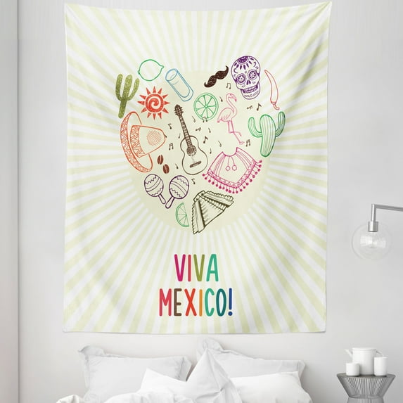 Hispanic Tapestry, Colorful Viva Mexico Lettering with Heart Shaped Traditional Print, Fabric Wall Hanging Decor for Bedroom Living Room Dorm, 5 Sizes, Cream and Multicolor, by Ambesonne