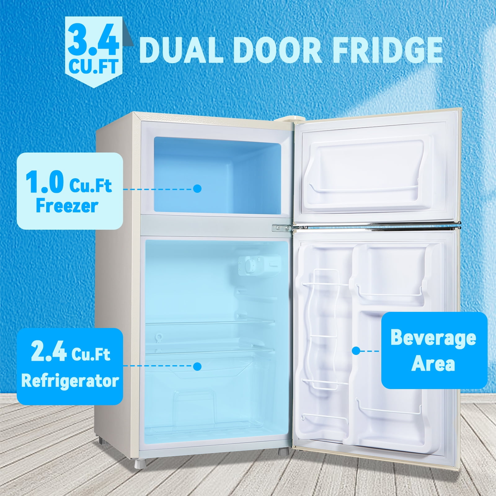 TACOOL Small Refrigerator with Freezer Retro Mini Fridge with Removable Shelves LED Light for Apartment 3.4Cu.Ft White