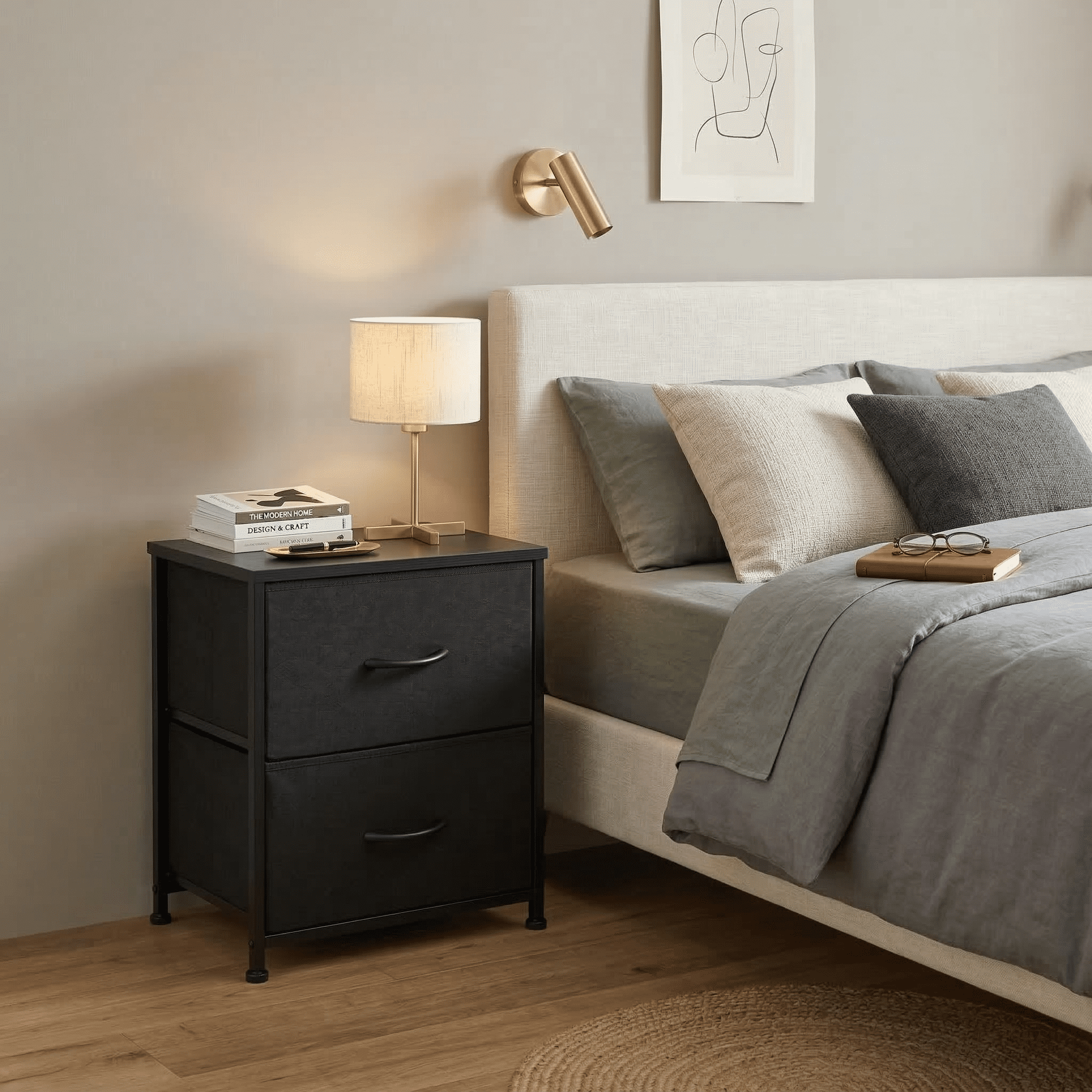 Prilinex Nightstand Small Dresser with 2 Fabric Drawers, 20 Inch Adjustable Nightstand Feet Bedside Table with Drawers for Bedroom,for Closet, Entryway, College Dorm, Black