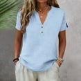 thumbnail image 6 of Linen Shirts for Women Linen Blouses Plus Size Summer Outfits Women's Tunics V Neck Summer Tops Button Tunic Blouse Short Sleeve Tee Shirts Womens Shirts for Women Summer Blouses Light Blue XXL, 6 of 9