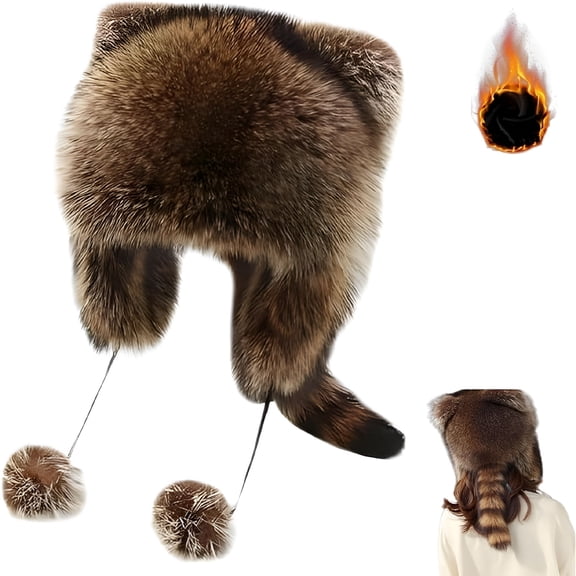 TELOLY Cute Raccoon Plush Hat with Tail, Adjustable Faux Fur Animal Ear Flap Hat, Warm Winter Beanie for Women Men, Kids