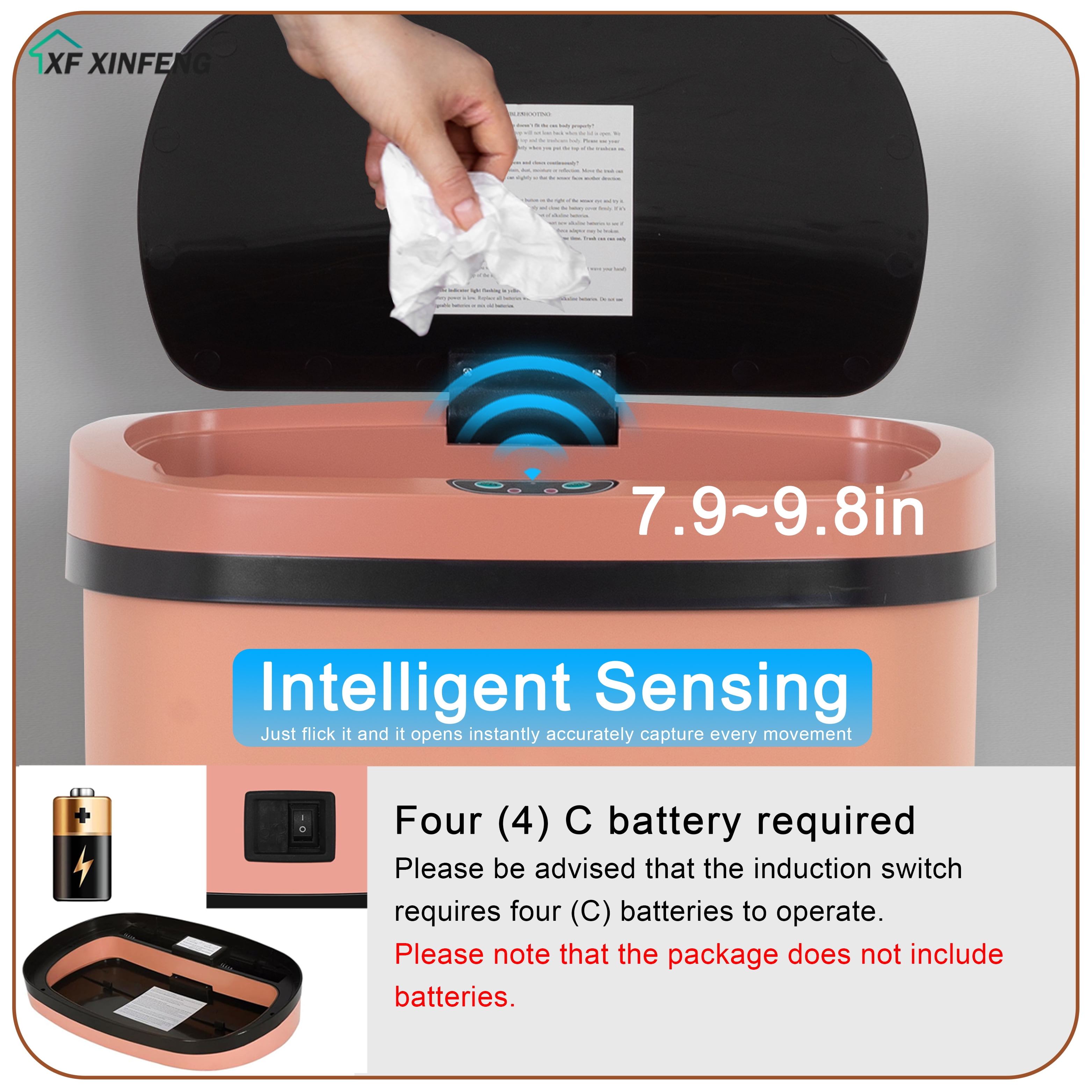 XF XINFENG 13 Gallon 49 L Dustbin Kitchen Trash Can with Lid Automatic Sensor Touch Bin, Garbage Can, Waste Bin, For Bathroom/Double Bed/Bedroom/Home/Office, Pink