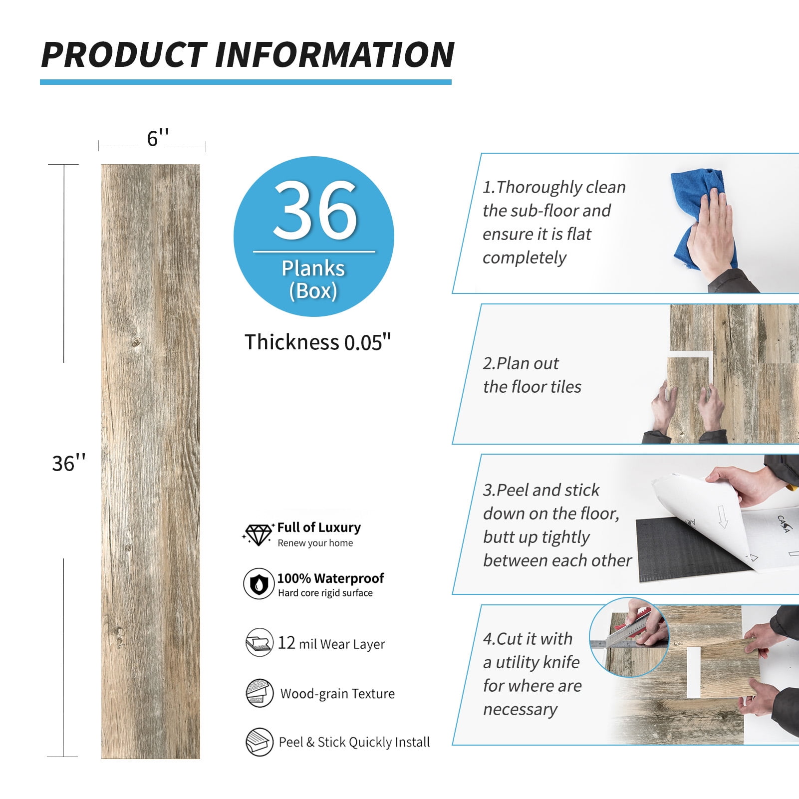 Self-adhesive 6" x 36" x 0.05" Luxury Vinyl Plank(36 pack)