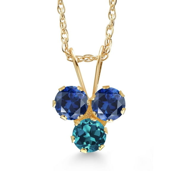 Gem Stone King 14K Yellow Gold Blue Created Sapphire and London Blue Topaz 3-Stone Pendant Necklace for Women (0.41 Cttw, Gemstone September Birthstone, Round 3MM, 18 inch Chain)