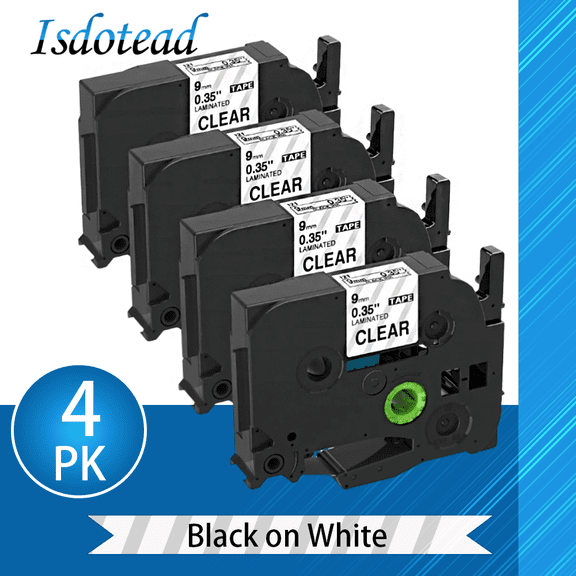 Isdotead 4-Pack 9mm Replacement for Brother Label Maker Tape Clear 9mm 0.35" Laminated TZe-121 Black on Clear P-Touch Tape Ptouch TZ-121 Compatible with Brother PT-D210 PT-D220 PT-D410