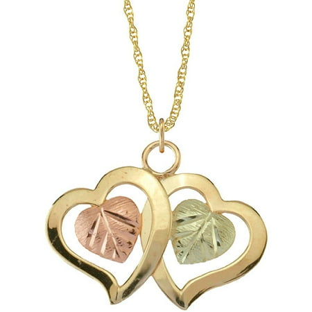 Black Hills Gold 10kt Yellow Gold 12kt Gold Leaf Accented Double Heart Pendant, 18