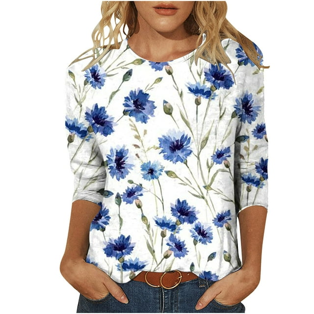 Pompotops T-shirt Ample Imprimé pour Femme Blouse à Manches 3/4 Col Rond Hauts Décontractés Liquidation